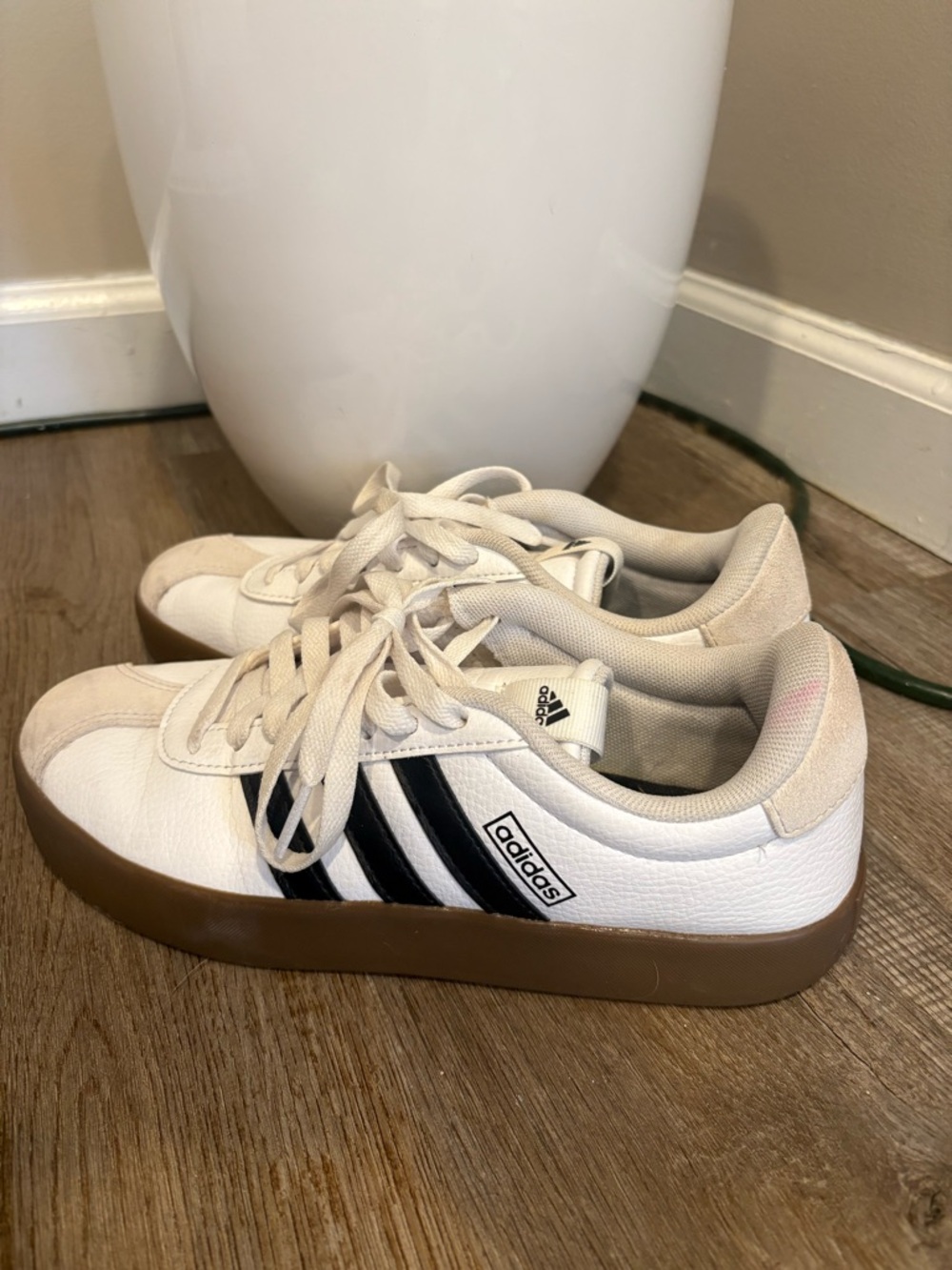 adidas Women’s White Sneakers with Black Stripes and Gum Sole - Picture 3 of 7